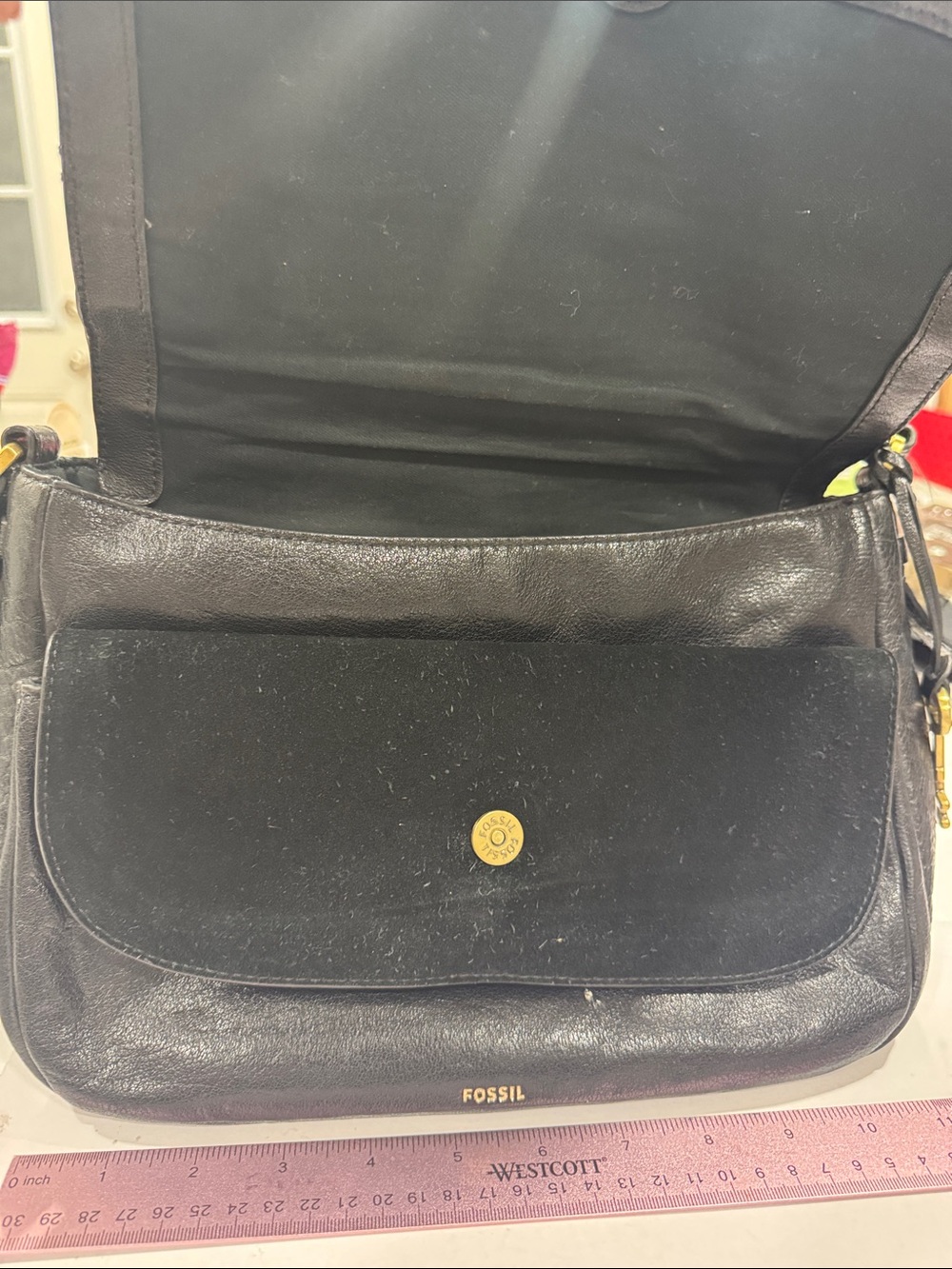 Fossil Black Leather Crossbody Flap Bag - Picture 6 of 7